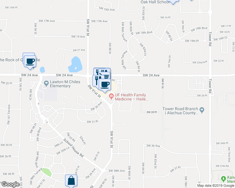 map of restaurants, bars, coffee shops, grocery stores, and more near 2664 Southwest 87 Way in Gainesville