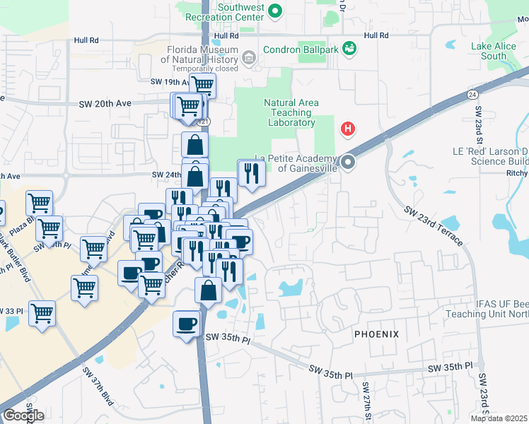 map of restaurants, bars, coffee shops, grocery stores, and more near in Gainesville
