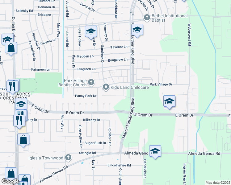 map of restaurants, bars, coffee shops, grocery stores, and more near 12100 Martin Luther King Boulevard in Houston