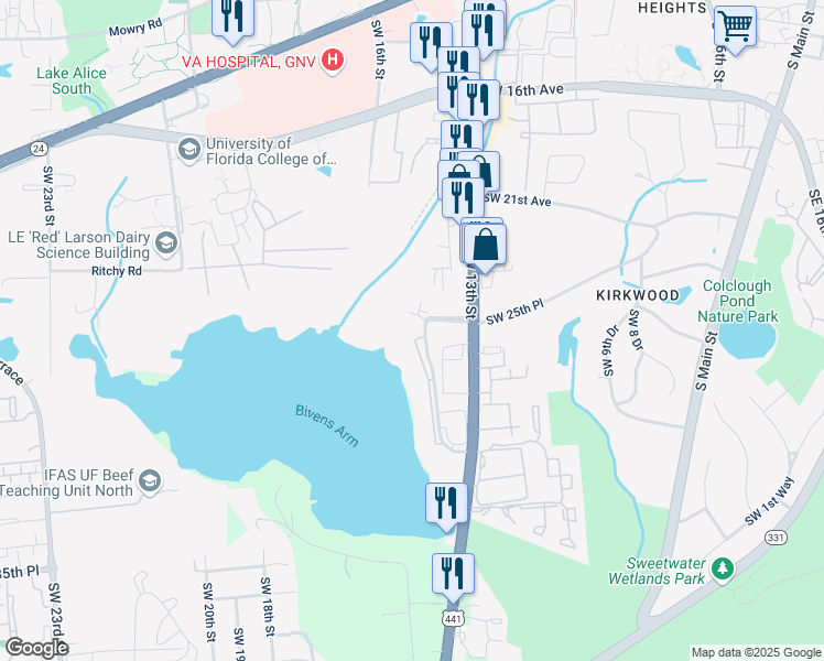 map of restaurants, bars, coffee shops, grocery stores, and more near 2490 Southwest 14th Drive in Gainesville