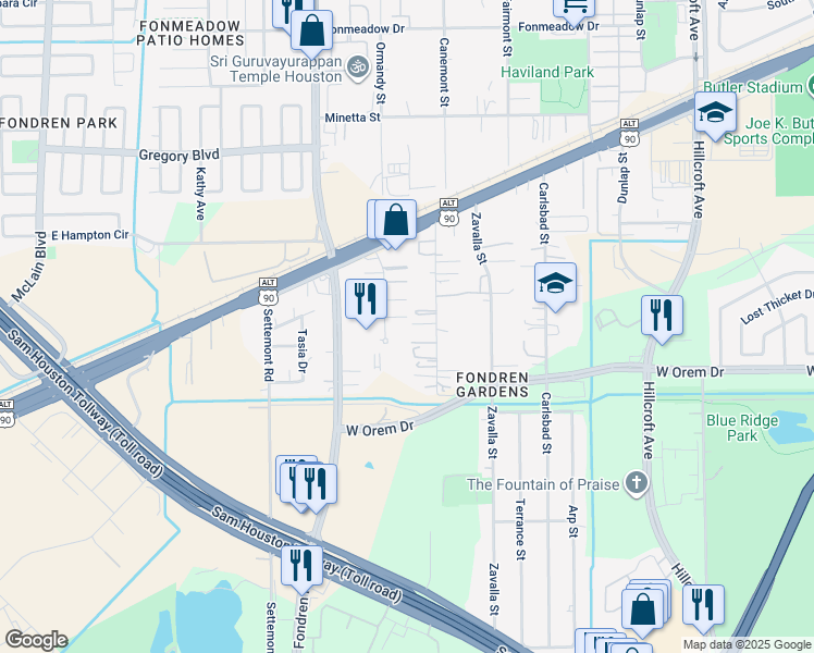 map of restaurants, bars, coffee shops, grocery stores, and more near 12421 Ormandy Street in Houston