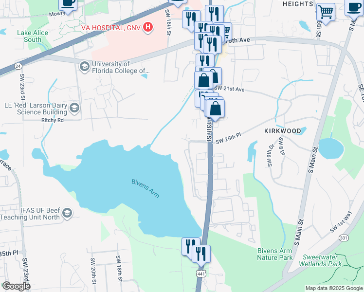 map of restaurants, bars, coffee shops, grocery stores, and more near 2504 Southwest 14th Drive in Gainesville