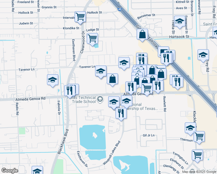 map of restaurants, bars, coffee shops, grocery stores, and more near 9827 Almeda-Genoa Road in Houston