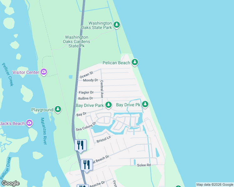 map of restaurants, bars, coffee shops, grocery stores, and more near 43 Rollins Drive in Palm Coast