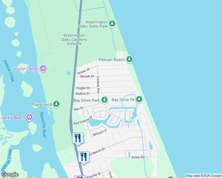 map of restaurants, bars, coffee shops, grocery stores, and more near 43 Rollins Drive in Palm Coast