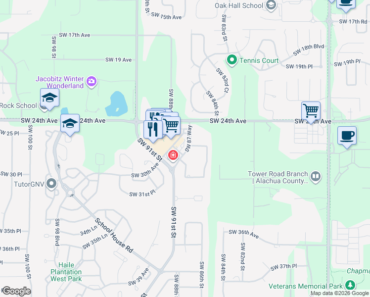 map of restaurants, bars, coffee shops, grocery stores, and more near 2714 Southwest 87 Way in Gainesville