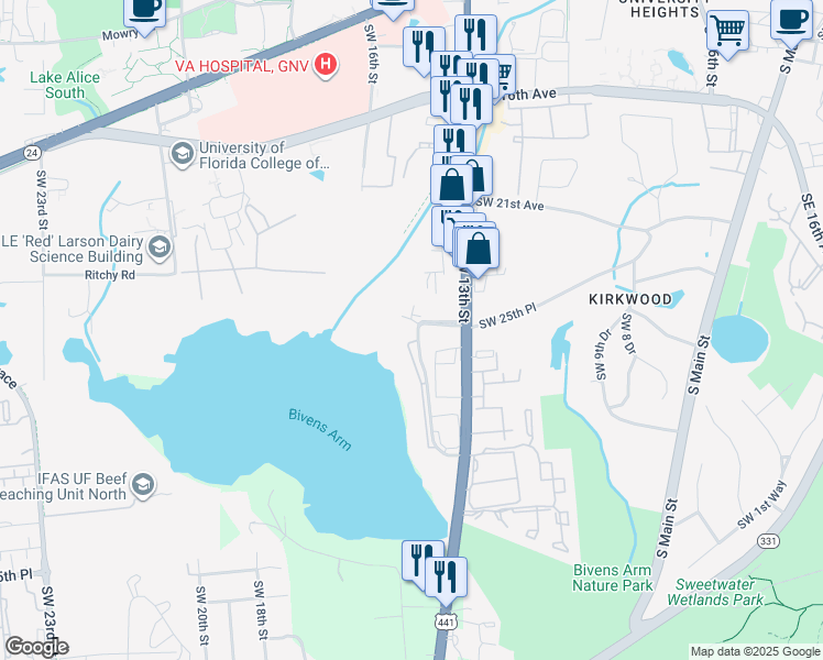 map of restaurants, bars, coffee shops, grocery stores, and more near 2490 Southwest 14th Drive in Gainesville