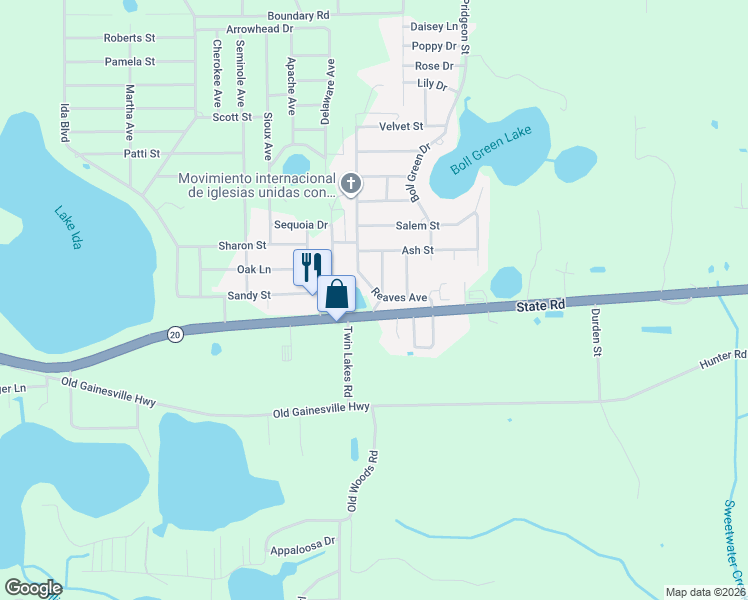 map of restaurants, bars, coffee shops, grocery stores, and more near 115 Reaves Avenue in Interlachen