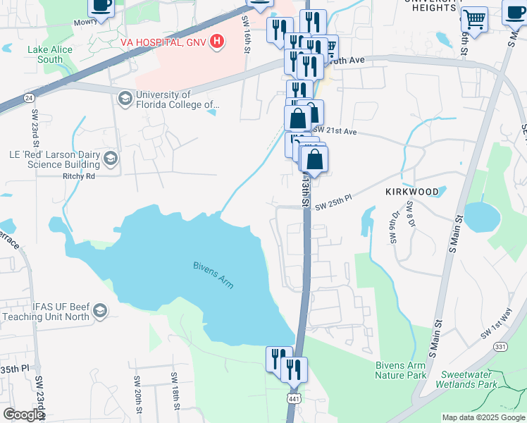 map of restaurants, bars, coffee shops, grocery stores, and more near 2504 Southwest 14th Drive in Gainesville
