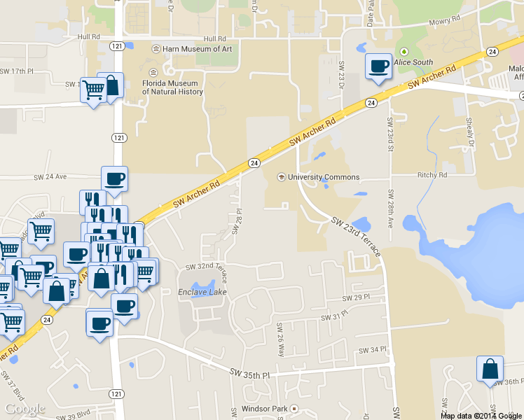 map of restaurants, bars, coffee shops, grocery stores, and more near 2777 Southwest Archer Road in Gainesville