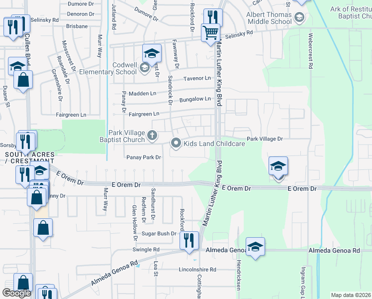 map of restaurants, bars, coffee shops, grocery stores, and more near 12100 Martin Luther King Boulevard in Houston