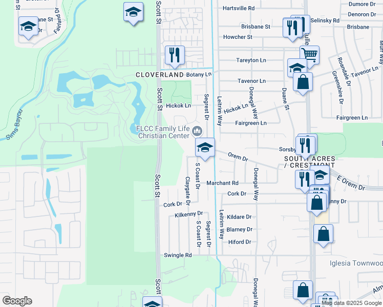 map of restaurants, bars, coffee shops, grocery stores, and more near 12503 Claygate Drive in Houston
