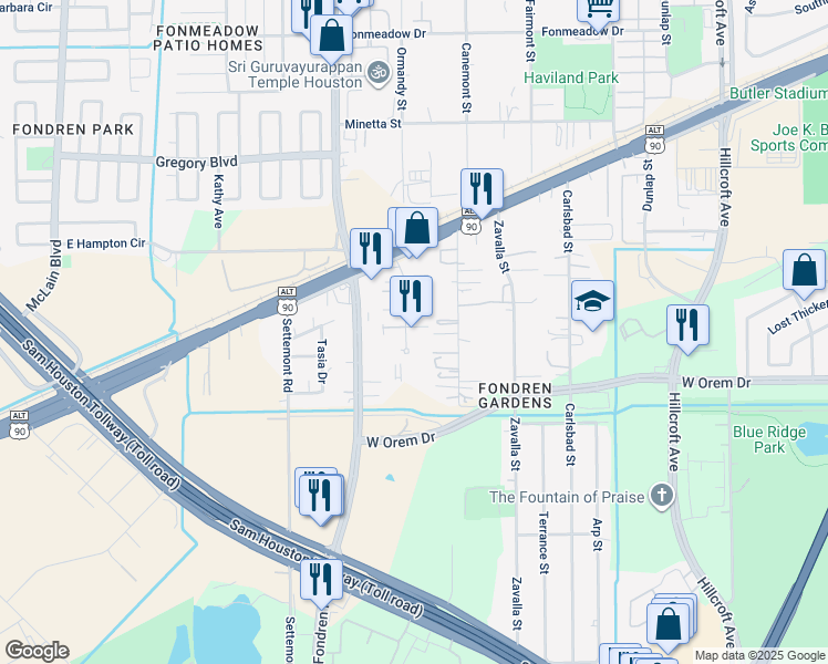map of restaurants, bars, coffee shops, grocery stores, and more near 12421 Ormandy Street in Houston