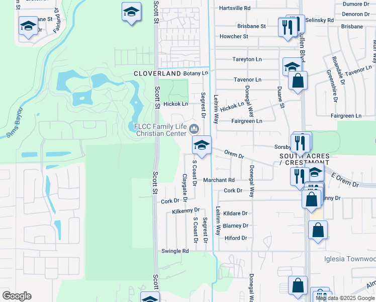 map of restaurants, bars, coffee shops, grocery stores, and more near 12503 Claygate Drive in Houston