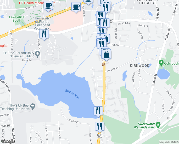 map of restaurants, bars, coffee shops, grocery stores, and more near 2504 Southwest 14th Drive in Gainesville