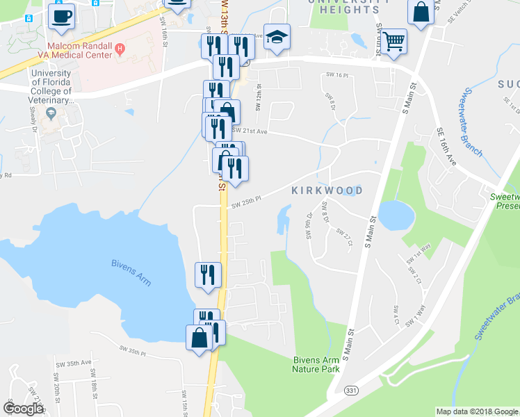 map of restaurants, bars, coffee shops, grocery stores, and more near 1135 Southwest 25th Place in Gainesville