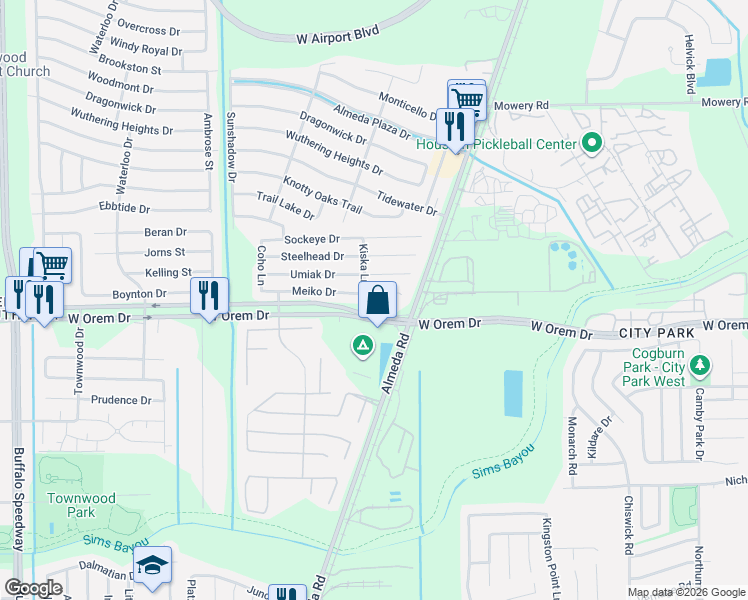 map of restaurants, bars, coffee shops, grocery stores, and more near in Houston