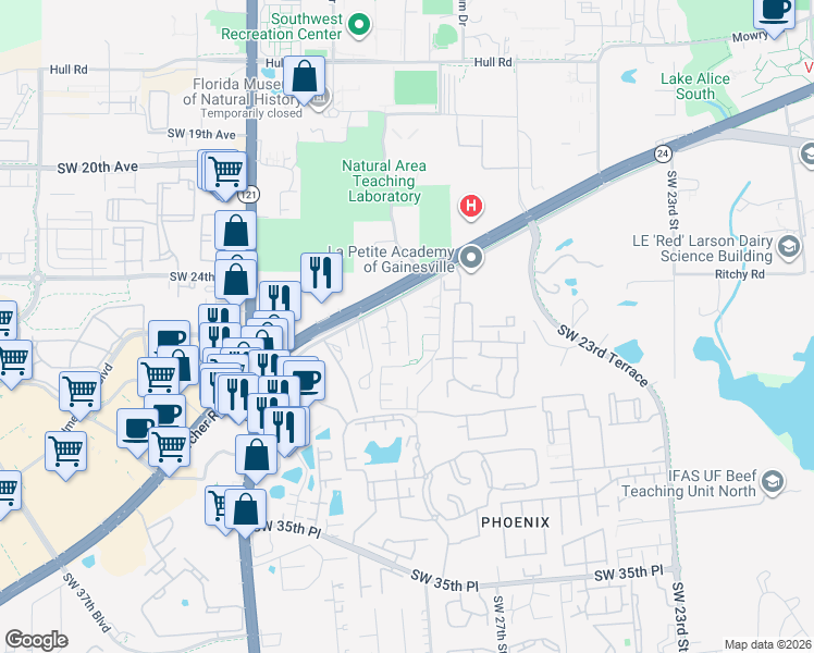 map of restaurants, bars, coffee shops, grocery stores, and more near 2905 Southwest Archer Road in Gainesville