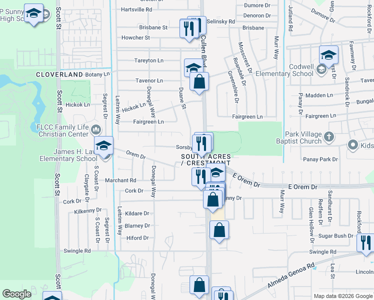 map of restaurants, bars, coffee shops, grocery stores, and more near 12211 Duane Court in Houston