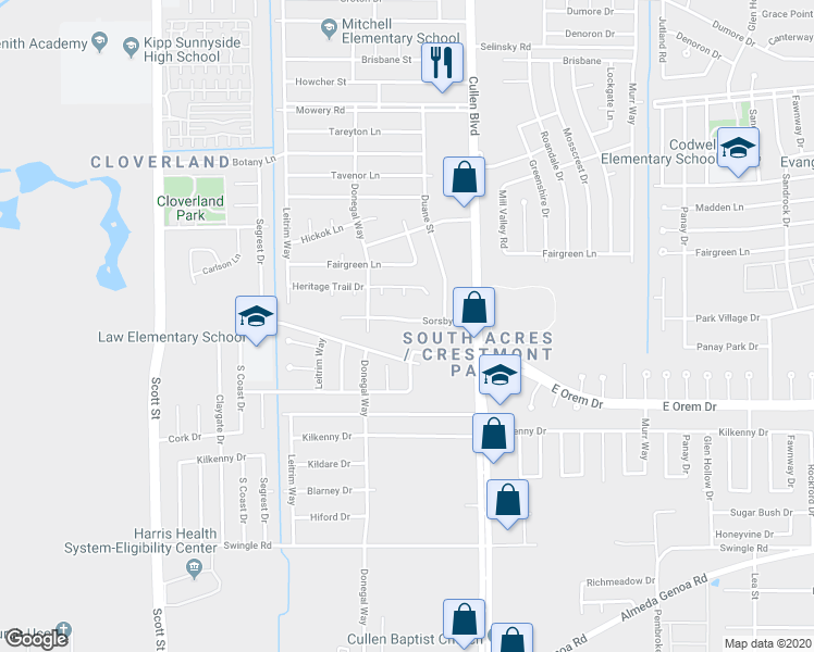 map of restaurants, bars, coffee shops, grocery stores, and more near 4405 East Orem Drive in Houston