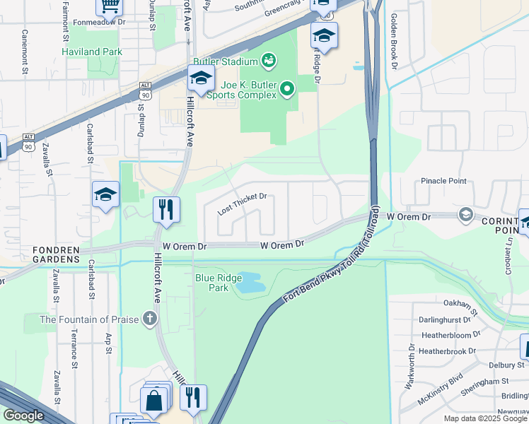 map of restaurants, bars, coffee shops, grocery stores, and more near 13723 Firerock Drive in Houston
