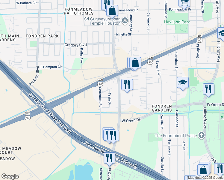 map of restaurants, bars, coffee shops, grocery stores, and more near 12325 Tasia Drive in Houston