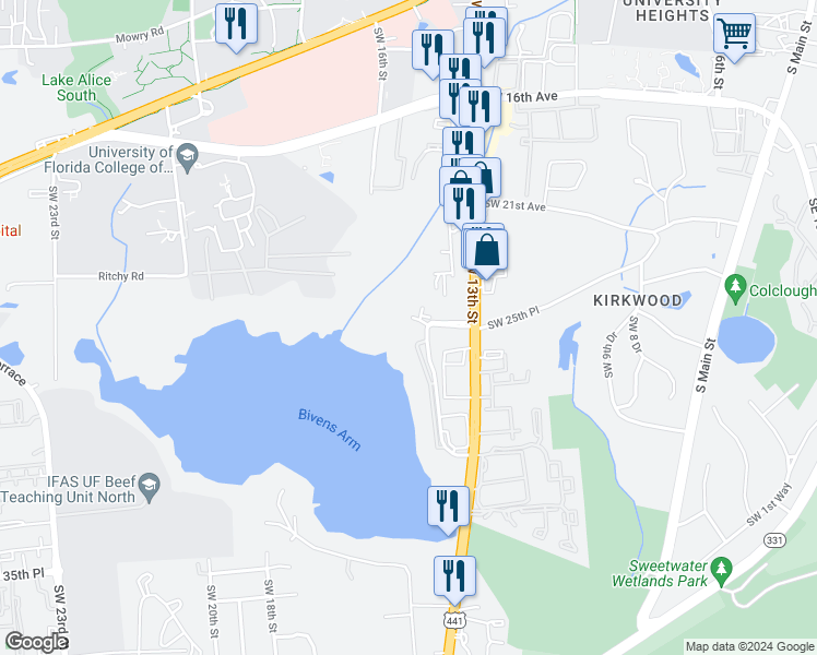 map of restaurants, bars, coffee shops, grocery stores, and more near 2490 Southwest 14th Drive in Gainesville