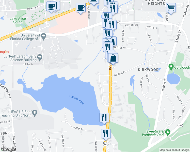 map of restaurants, bars, coffee shops, grocery stores, and more near 2504 Southwest 14th Drive in Gainesville