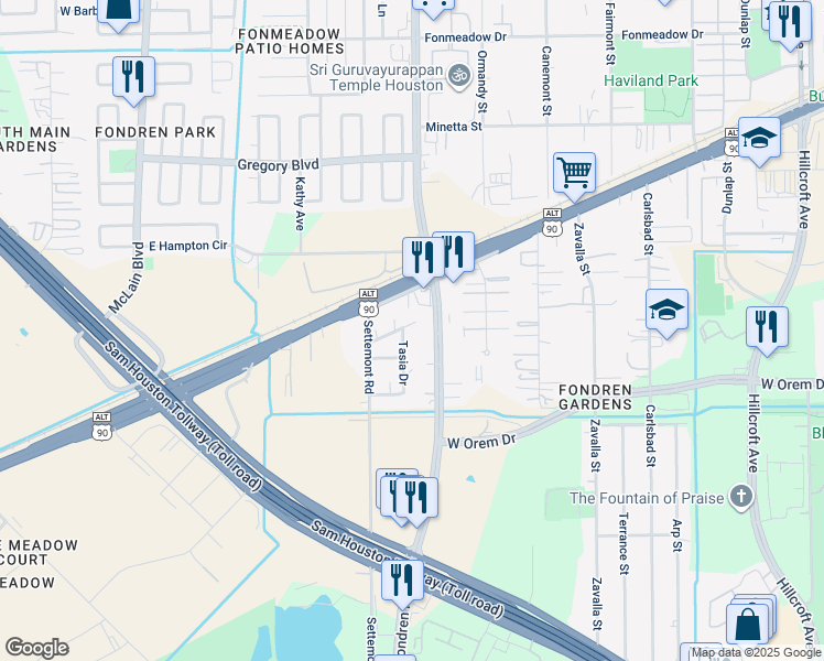 map of restaurants, bars, coffee shops, grocery stores, and more near 12325 Tasia Drive in Houston