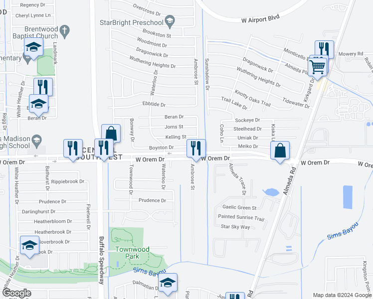 map of restaurants, bars, coffee shops, grocery stores, and more near 3127 Boynton Drive in Houston
