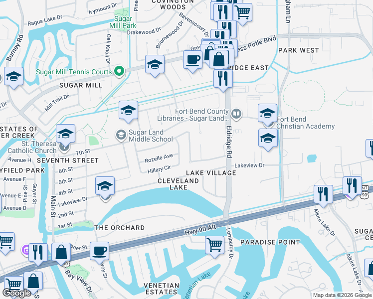 map of restaurants, bars, coffee shops, grocery stores, and more near 814 Rolling Mill Drive in Sugar Land