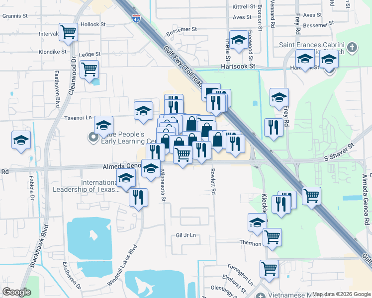 map of restaurants, bars, coffee shops, grocery stores, and more near 10013 Almeda-Genoa Road in Houston