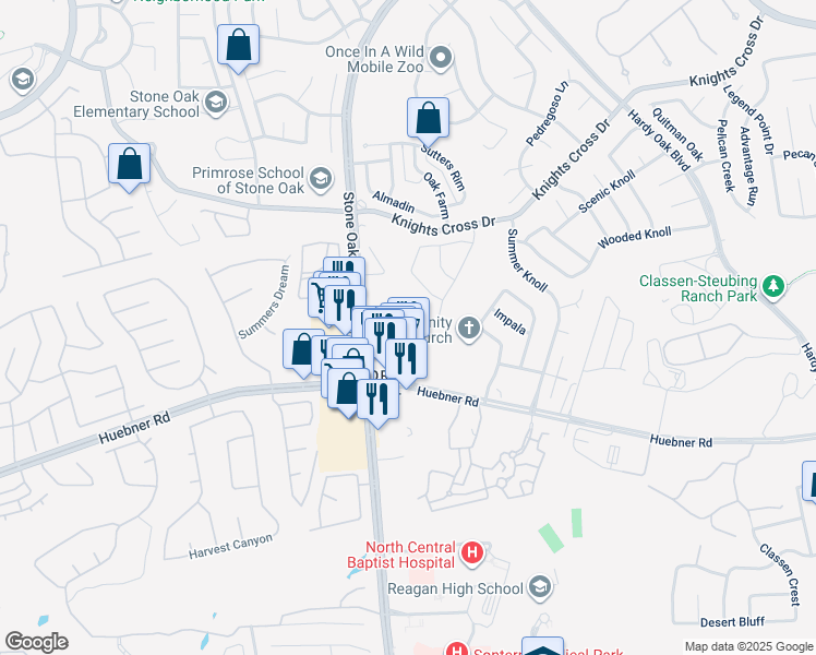 map of restaurants, bars, coffee shops, grocery stores, and more near 19126 Stonehue in San Antonio