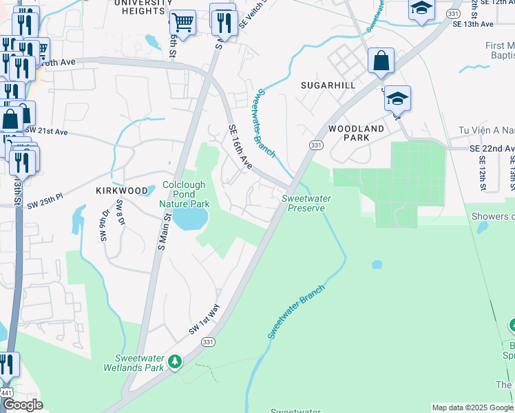 map of restaurants, bars, coffee shops, grocery stores, and more near 205 Southeast 16th Avenue in Gainesville