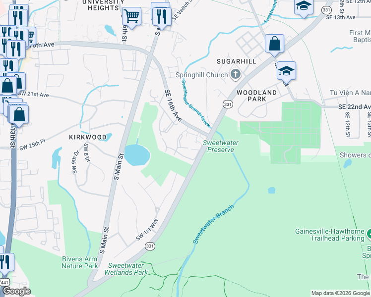 map of restaurants, bars, coffee shops, grocery stores, and more near 205 Southeast 16th Avenue in Gainesville