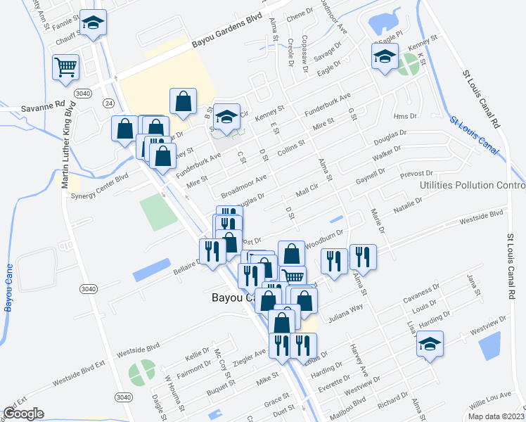 map of restaurants, bars, coffee shops, grocery stores, and more near 212 Mall Circle in Houma