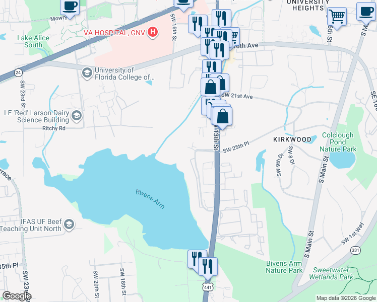 map of restaurants, bars, coffee shops, grocery stores, and more near 2490 Southwest 14th Drive in Gainesville