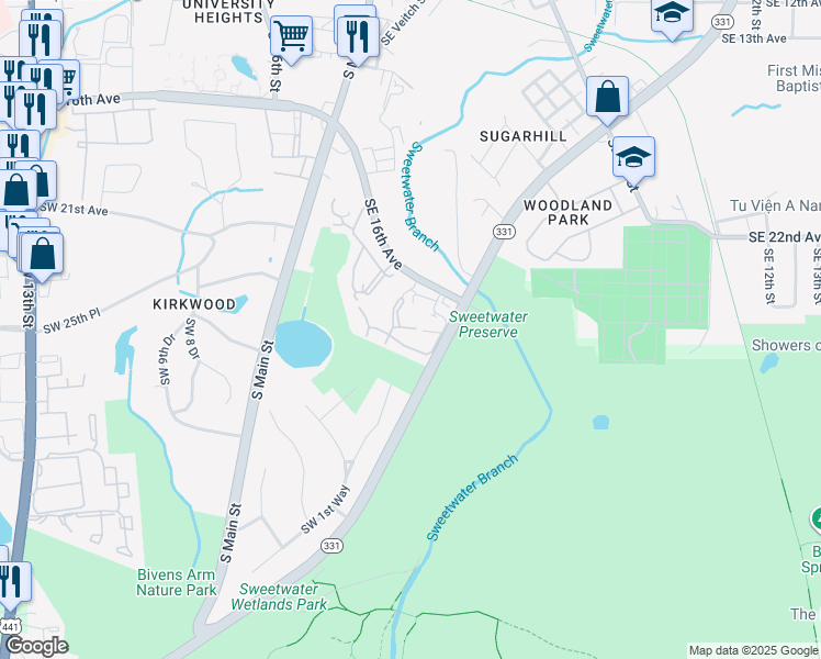map of restaurants, bars, coffee shops, grocery stores, and more near 205 Southeast 16th Avenue in Gainesville
