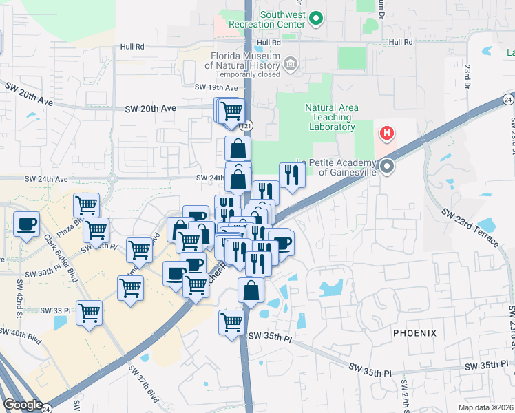 map of restaurants, bars, coffee shops, grocery stores, and more near 3230 Southwest Archer Road in Gainesville