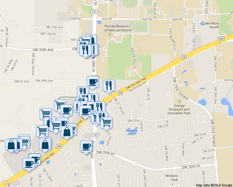 map of restaurants, bars, coffee shops, grocery stores, and more near 3120 Southwest Archer Road in Gainesville