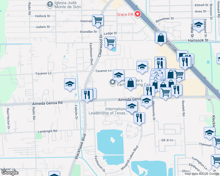 map of restaurants, bars, coffee shops, grocery stores, and more near 9622 Tavenor Lane in Houston