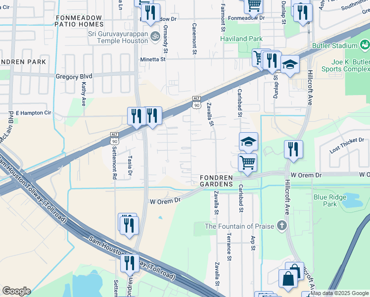 map of restaurants, bars, coffee shops, grocery stores, and more near 12230 Hodges Street in Houston