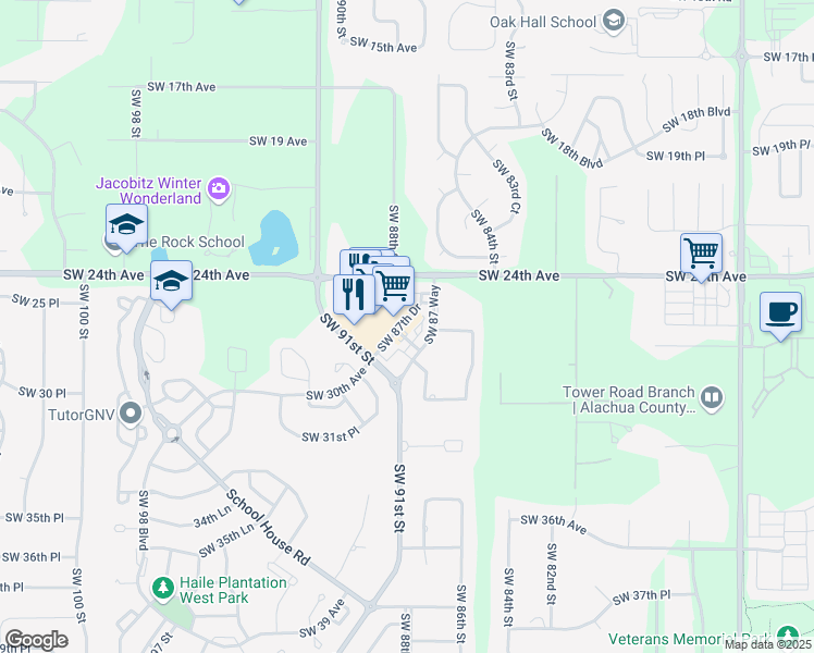 map of restaurants, bars, coffee shops, grocery stores, and more near 2653 Southwest 87th Drive in Gainesville