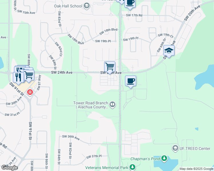 map of restaurants, bars, coffee shops, grocery stores, and more near 7671 Southwest 25th Avenue in Gainesville