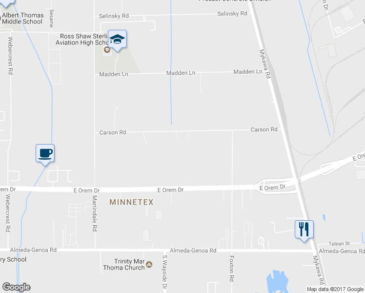 map of restaurants, bars, coffee shops, grocery stores, and more near 6402 Carson Road in Houston