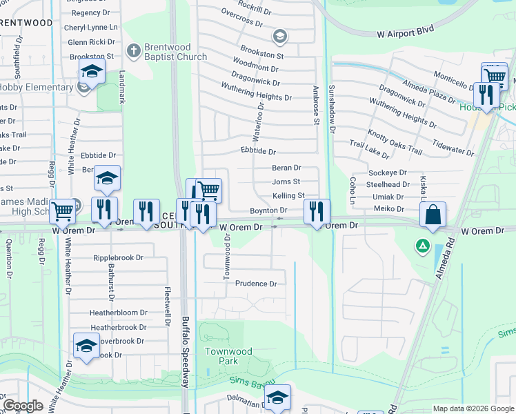 map of restaurants, bars, coffee shops, grocery stores, and more near 3239 Kelling Street in Houston