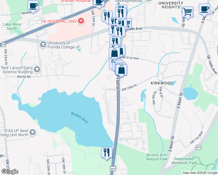 map of restaurants, bars, coffee shops, grocery stores, and more near 2306 Southwest 13th Street in Gainesville