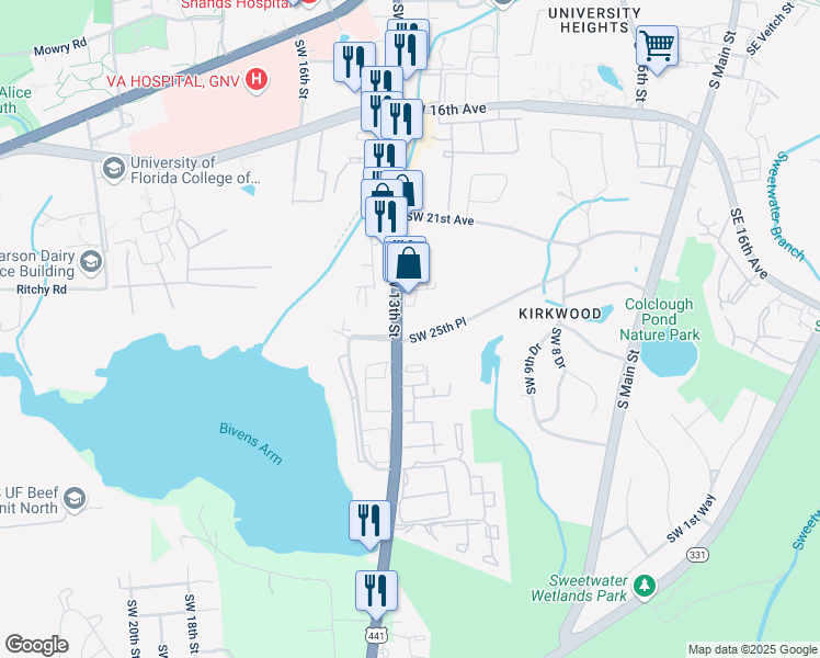 map of restaurants, bars, coffee shops, grocery stores, and more near 2426 Southwest 13th Street in Gainesville