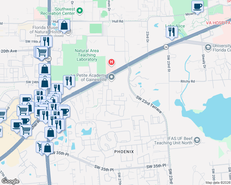 map of restaurants, bars, coffee shops, grocery stores, and more near 2719 Southwest Archer Road in Gainesville