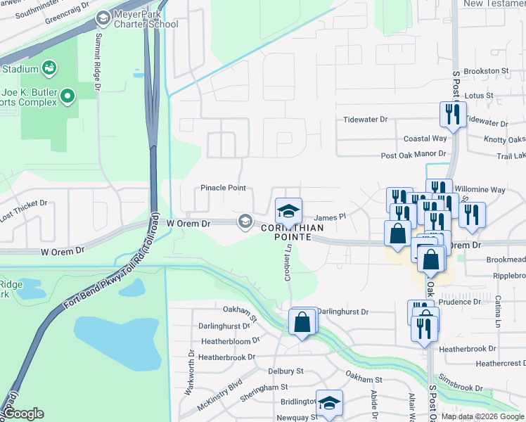 map of restaurants, bars, coffee shops, grocery stores, and more near 13502 Miracle Lane in Houston